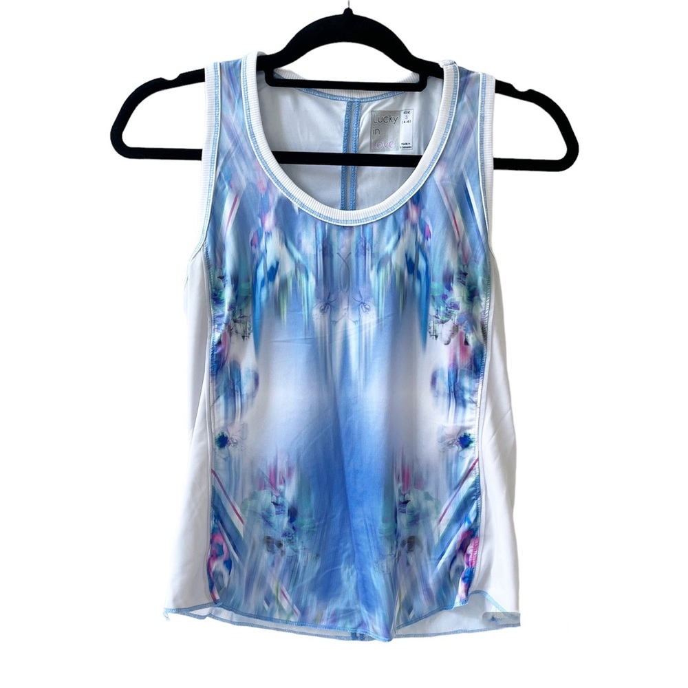 LUCKY IN LOVE Unique Print Blue White Athletic Tank Top Women’s S Mesh Features
